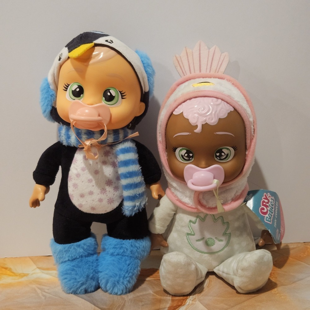 Cry Babies Tiny Cuddles Doll Lot 2 Penguin & Pink Hood Baby Dolls